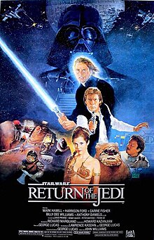 . This poster shows a montage of characters from the movie. In the background, Darth Vader stands tall and dark in front of a reconstructed Death Star; before him stands Luke Skywalker wielding a light saber, Han Solo aiming a blaster, and Princess Leia wearing a slave outfit. To the right are an Ewok and Lando Calrissian, while miscellaneous villains fill out the left.