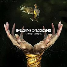 Hai bàn tay bị quấn chặt với nhau. Một con chim ruồi bay ra từ giữa hai cánh tay. Nền xanh lá sẫm màu có rải rác một số đường kẻ và các hình vẽ kèm theo các chữ số và kí hiệu được viết đè lên bức tranh nền. Các dòng chữ "Imagine Dragons" và "Smoke + Mirrors" màu trắng được đặt ở trung tâm của bìa album.