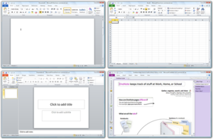 Phần mềm Microsoft Office 2010. Từ trái qua phải: Word, Excel, OneNote, PowerPoint, bốn chương trình của bản Professional và Enterprise.