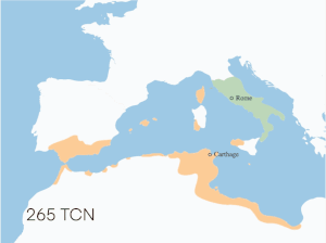 Bản đồ thế hiển sự kiểm soát lãnh thổ La Mã và Carthage qua các thời kỳ khác nhau trong Chiến tranh Punic