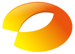 一个橙色的椭圆形，其中左下角有一缺口，中间有一部分梭形的镂空，两者共同组成了一条鱼的形状，鱼头朝向右上方；单独看中间的梭形镂空部分，又像一个米粒[1]