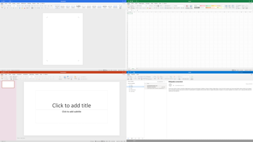 Microsoft Office 2021 for Mac 应用程序（从左上角到右下）：Word、Excel、PowerPoint 和 Outlook
