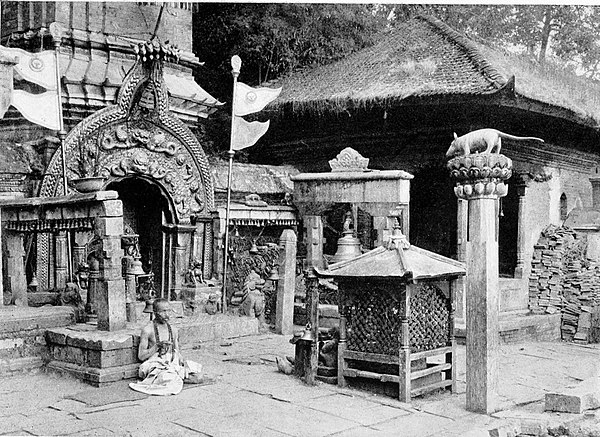Black and white photograph of the entrance to the temple of Ganeshthan, near Bhatgaon.