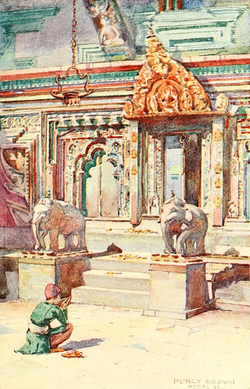 Colour painting of a door between two rectangular pillars, with an orange-yellow ornate lintel. The wall in which the door is set is cream with red and green decoration. Three steps lead down from the doorway to the ground, on either side of which stands a small statue of an elephant on a plinth. In the foreground a small figure in green crouches and prays towards the door.