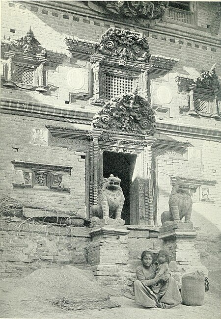 Black and white photograph of doorway of a small temple at Bhatgaon.