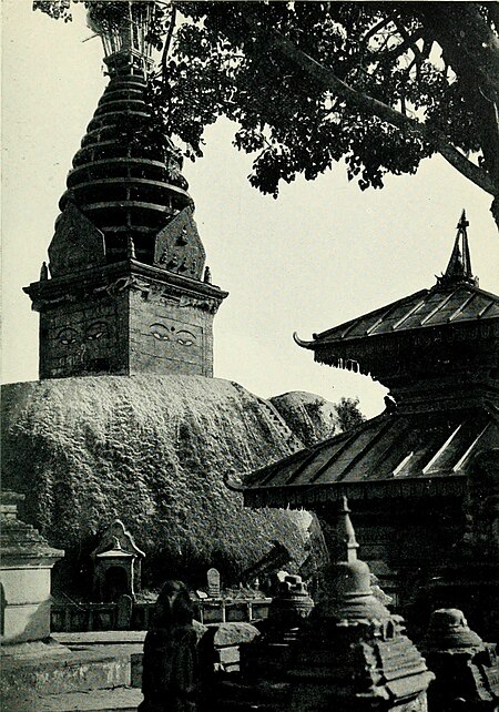 Black and white photograph of the Buddhist Temple of Shambu-Nāth.