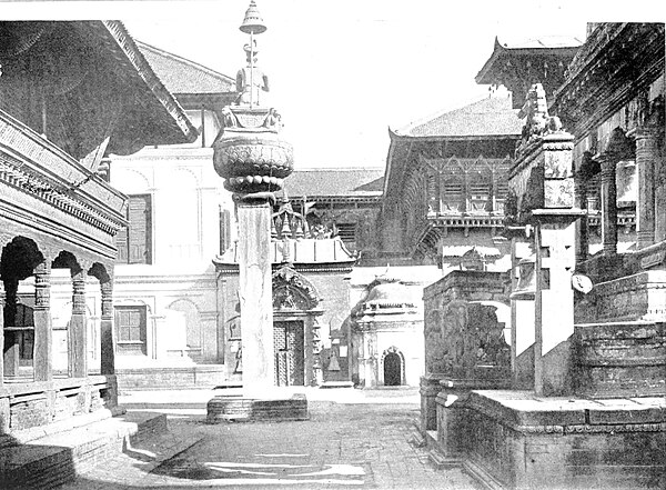 Black and white photograph of the Durbar Square at Bhatgaon.