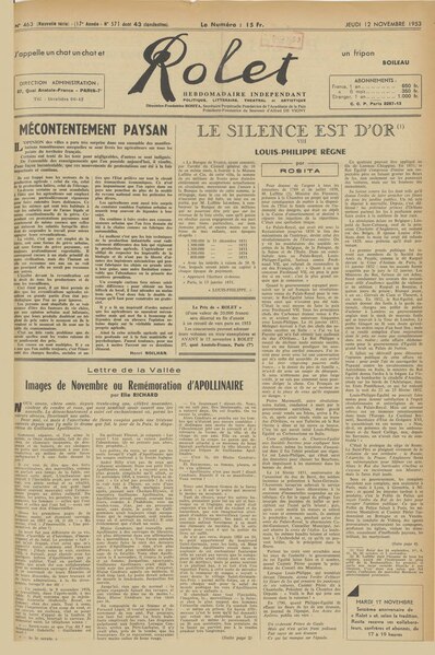 Fichier:Rolet, série nouvelle, n° 463, 12 novembre 1953 (extrait Apollinaire - La Chanson du mal aimé).djvu