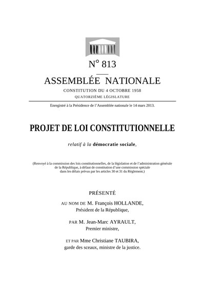 Fichier:Projet de loi constitutionnelle relatif à la démocratie sociale, n° 813, 14 mars 2013.djvu