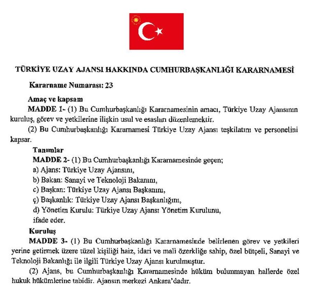 Dosya:Türkiye Uzay Ajansı Hakkında Cumhurbaşkanlığı Kararnamesi.pdf