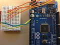 Now, you can start plugging in wires to the Arduino. 3.3V on the IMU goes into the 3.3V slot on the Arduino, and GND from the IMU goes into one of the GND slots on the Arduino.